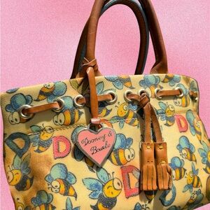 Dooney & Bourke Tan and Blue Tote Bag with Leather Accents